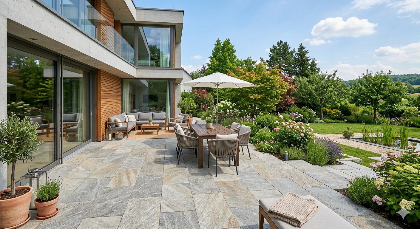 Natursteinterrasse mit Poolumrandung