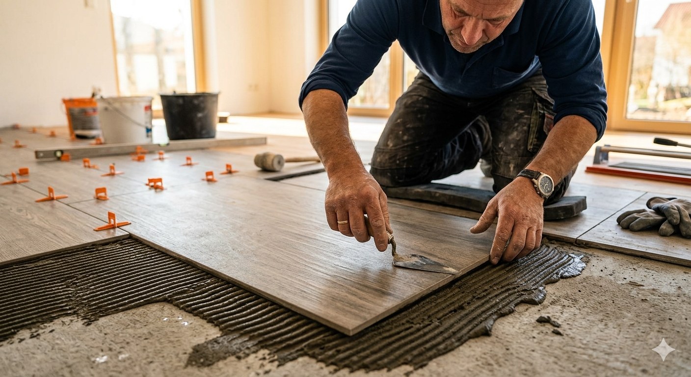 Klaus Bauer, Fliesenlegermeister bei der Arbeit