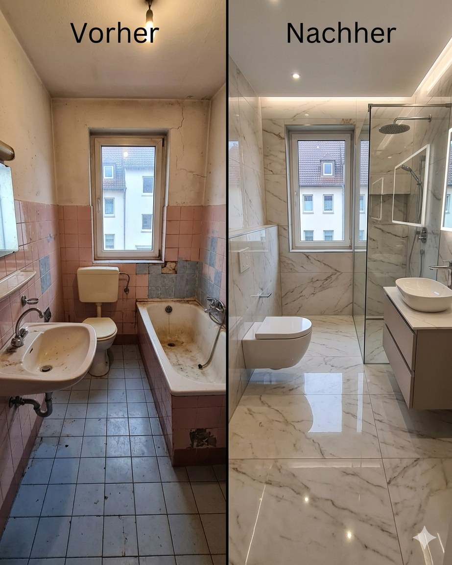 Badezimmer vor der Renovierung – alte Fliesen