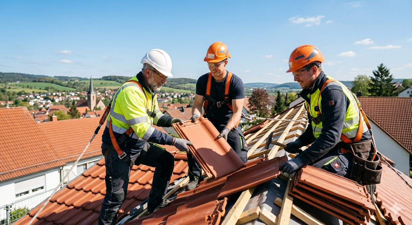 Fischer Dachtechnik Team auf dem Dach