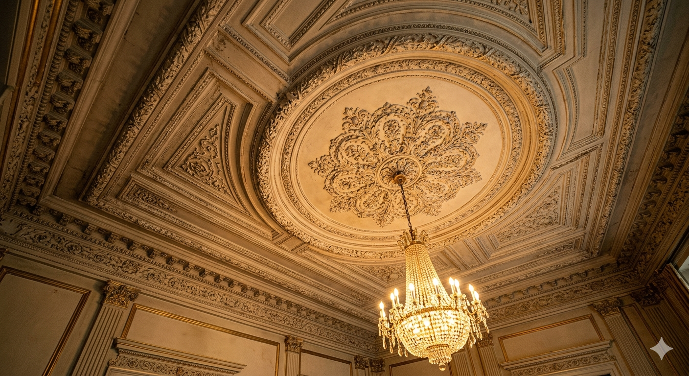 Klassische Stuckdecke mit ornamentalen Details – Hoffmann Stuckateur Heidelberg