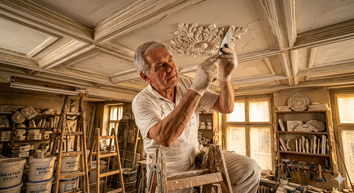 Stuckateurmeister Heinrich Hoffmann bei der Arbeit